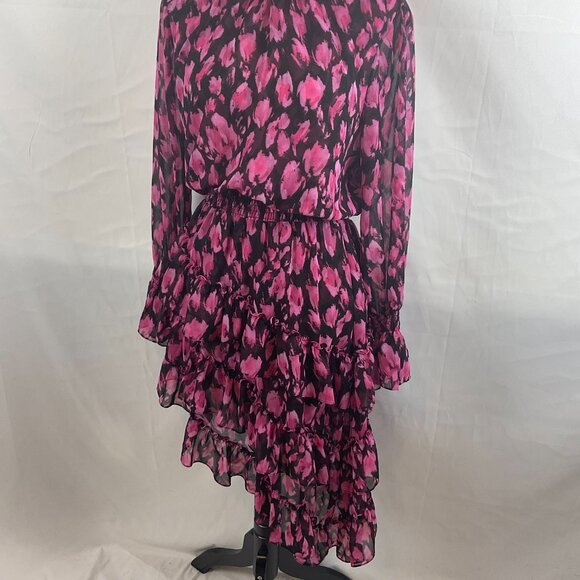Misa Dress M Black Pink Print Gathered Neck Sleeves Waist Ruffle Long Semi-Sheer - Picture 6 of 13